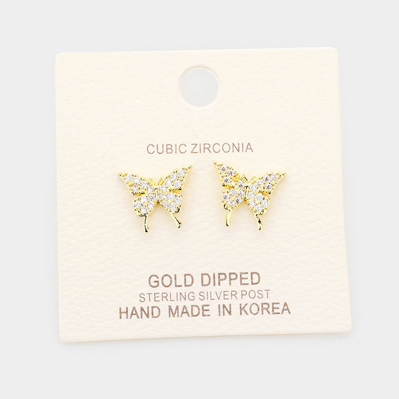 Small gold dipped pierced clear stone butterfly earrings