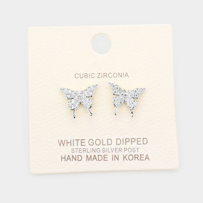 Small silver dipped pierced clear stone butterfly earrings
