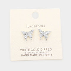 Small silver dipped pierced clear stone butterfly earrings