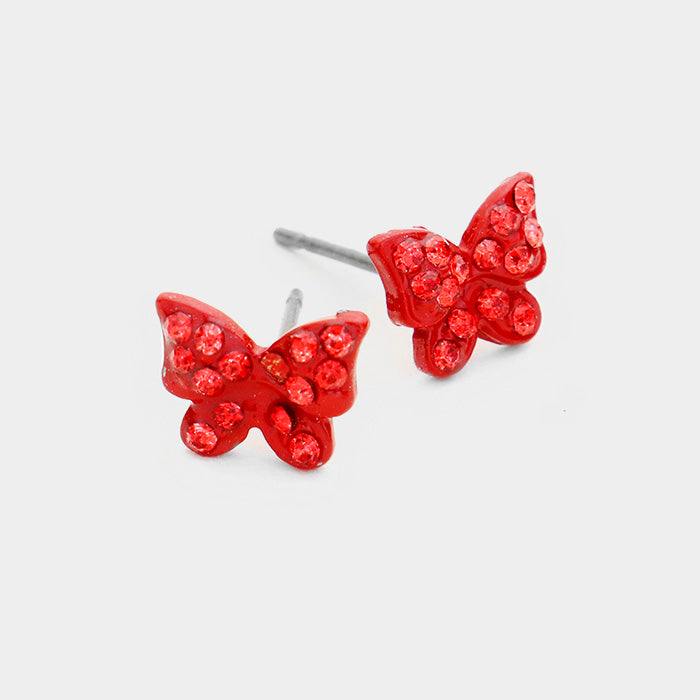 Small pierced red stone butterfly earrings