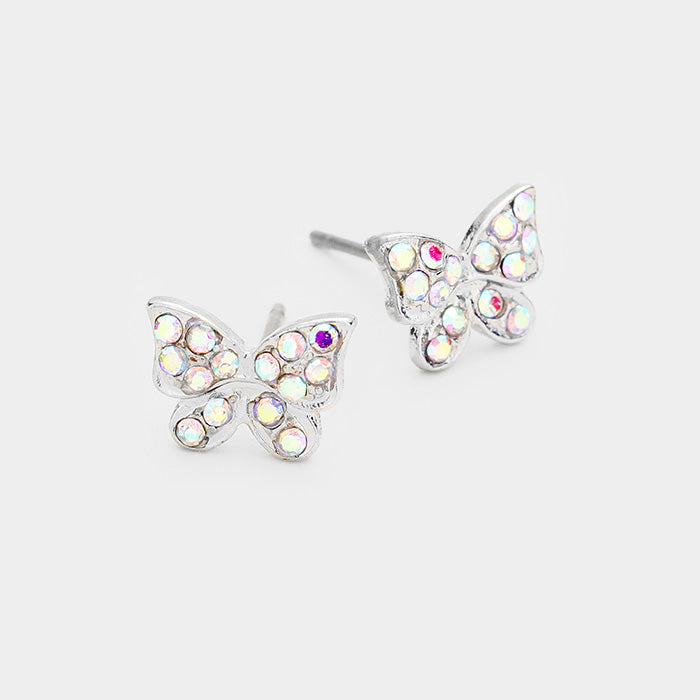 Silver pierced fluorescent stone butterfly earrings
