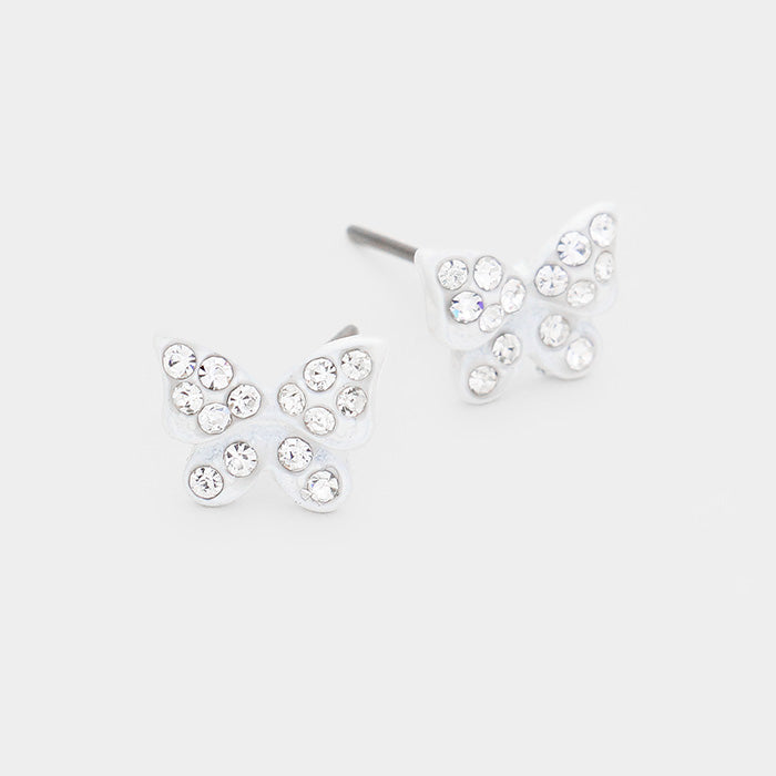 Small pierced white stone butterfly earrings
