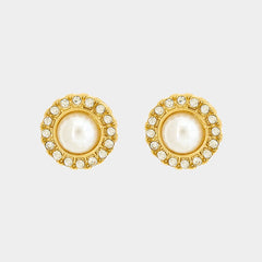 Pierced gold  .09mm Xsmall white pearl earrings w/clear stone edges