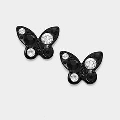 Black and clear stone pierced butterfly earrings