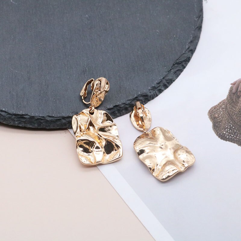 Clip on 2 1/4"  silver or gold wrinkled dangle earrings
