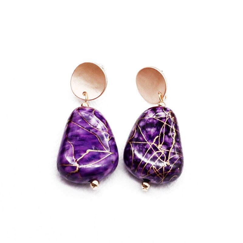 Pierced 2 1/4" matte gold odd shaped purple bead earrings